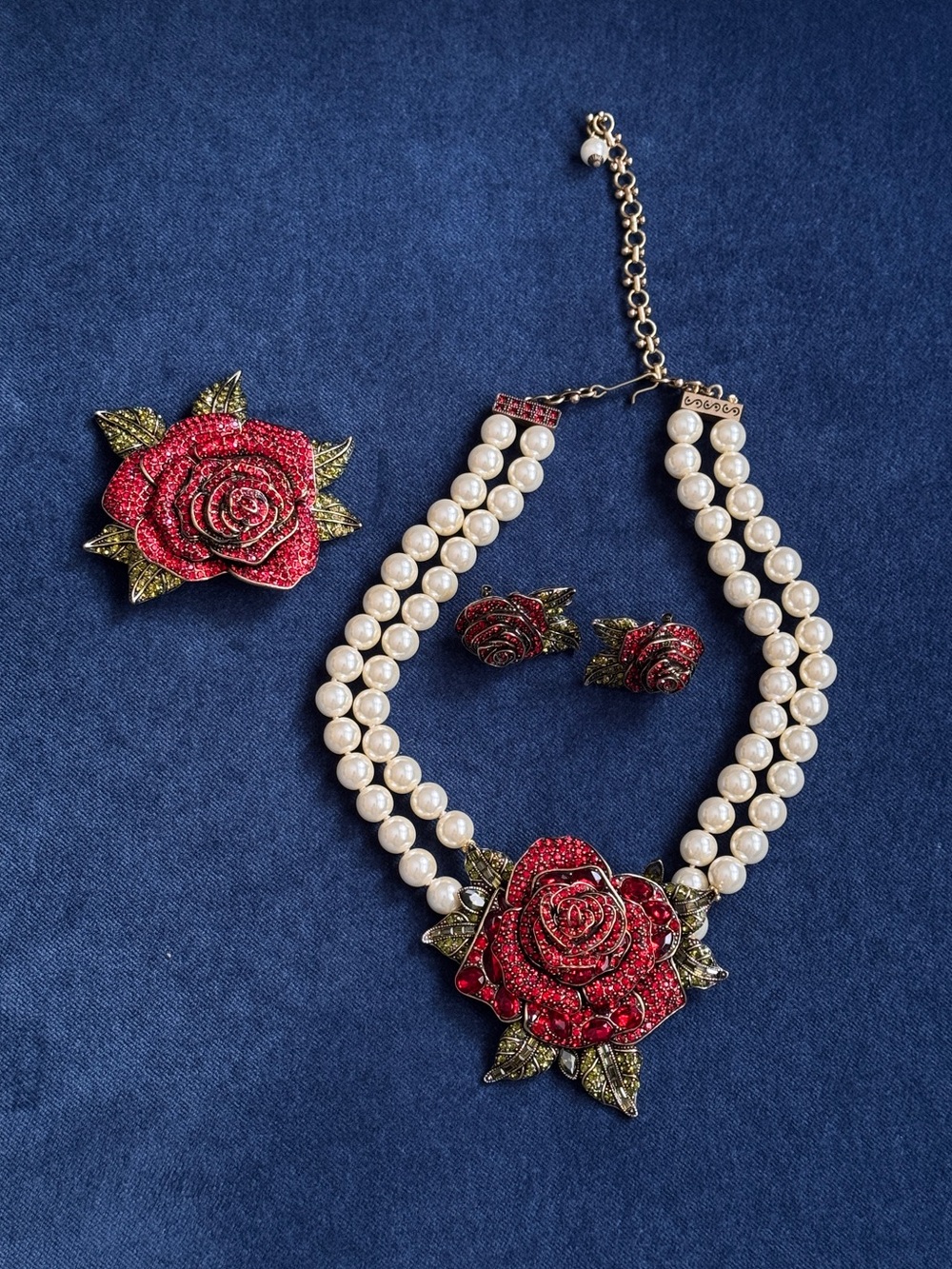 Heidi Daus Red Rose  Necklace , Brooch Earrings  Beauty and The Beast Sets